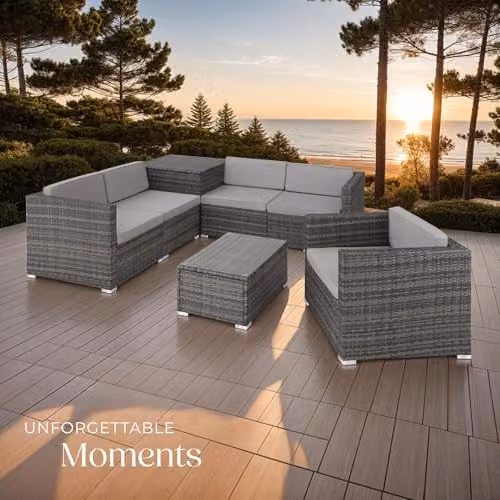 tectake Grey Rattan L-Shape Garden Lounge Set with Upholstered Cushions, Coffee Table and Matching Ottoman – 8
