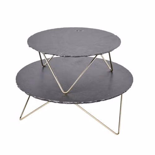 Artesà Tiered Serving Platter with 2 Round Grey Slate Stands and Gold Metal Legs, W/D/H: 30.5 x 30.5 x 24 cm – 1