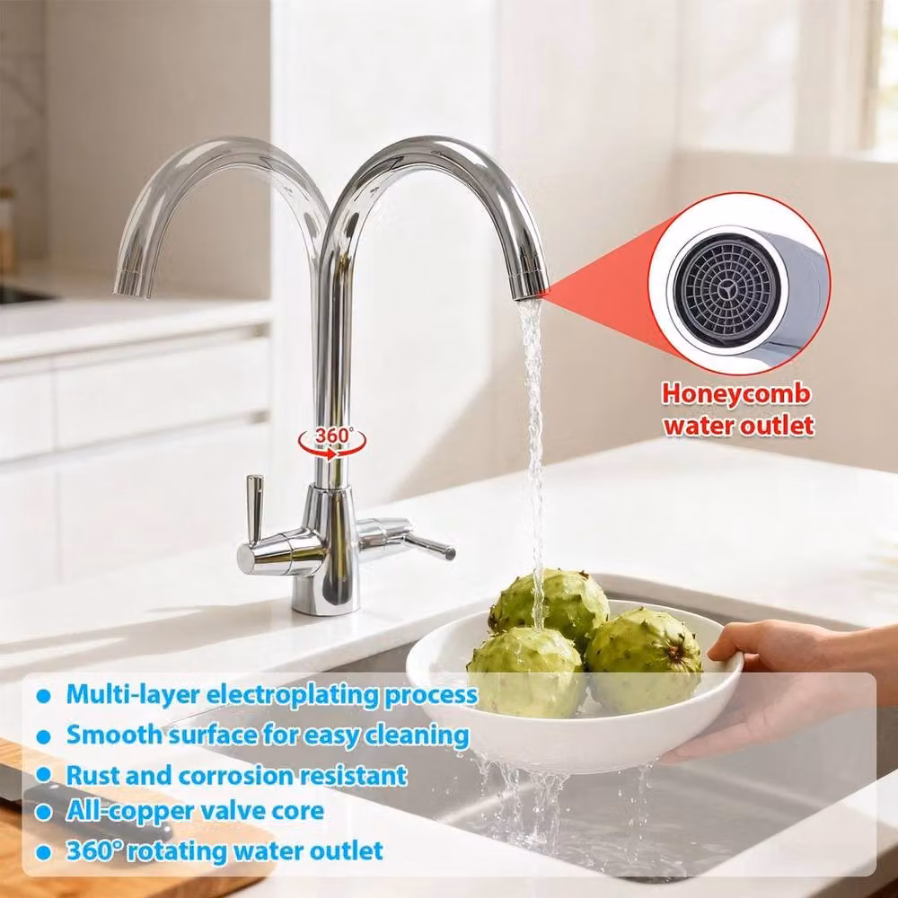 Kelvenix Modern Mono Kitchen Sink Mixer Tap in Silver with Swivel Spout and Two Handles – 2