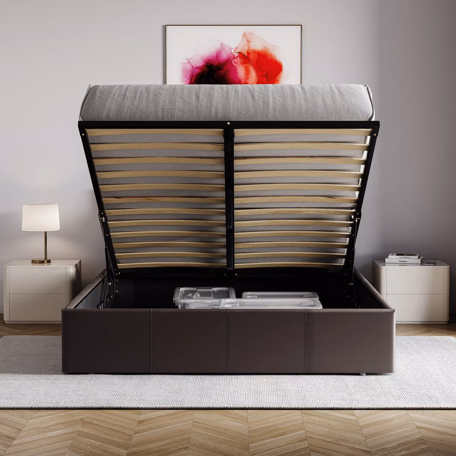 Vida Designs Lisbon Double Ottoman Bed Frame in Brown Faux Leather and Fabric, W/D/H: 140 x 200 cm – 3