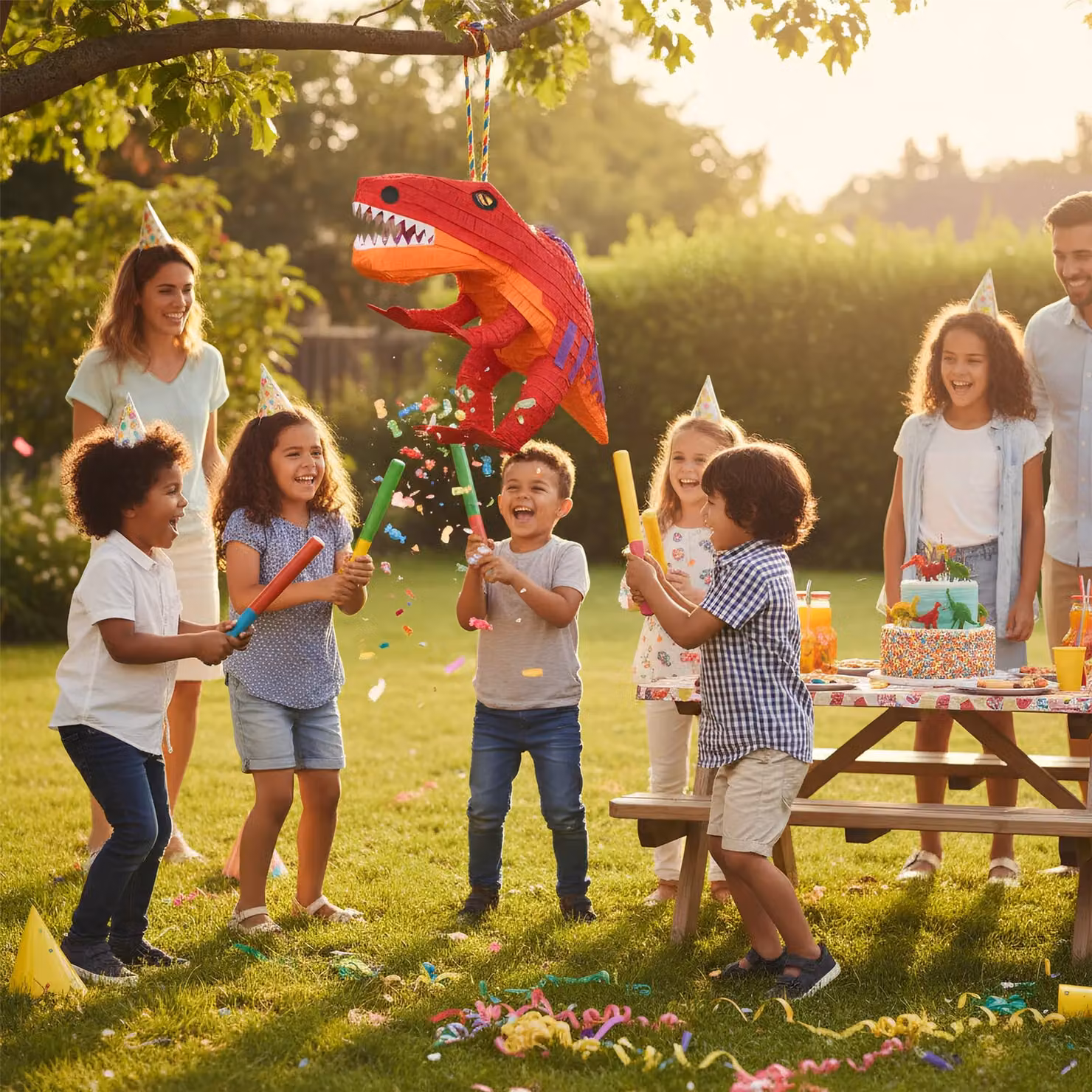 Fax Potato T-Rex Pinata Set with Stick and Blindfold, 3-Piece Multicolour Party Decoration Kit – 5