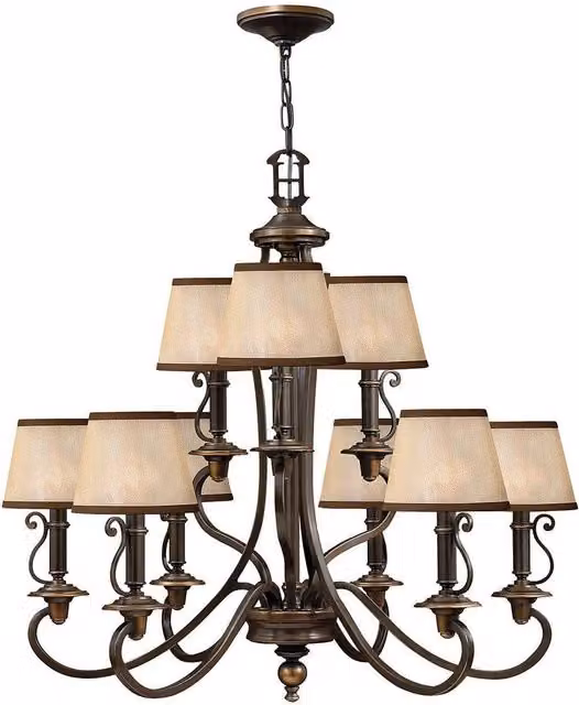 Elstead Plymouth 9 Light Multi Arm Chandelier in Olde Bronze Finish with Amber and Beige Fabric Shades