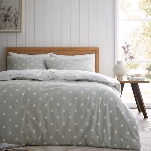 Catherine Lansfield Brushed Polka Dot Cotton Reversible King Duvet Cover Set with Pillowcases, Green and White, W/D/H: 220 x 180 x 230 cm