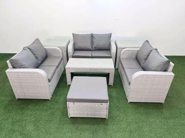 Fimous 7 Seater PE Wicker Rattan Garden Furniture Set in Light Grey with Oblong Coffee Table, 2 Seater Love Sofa, Big Footstool and 2 Side Tables