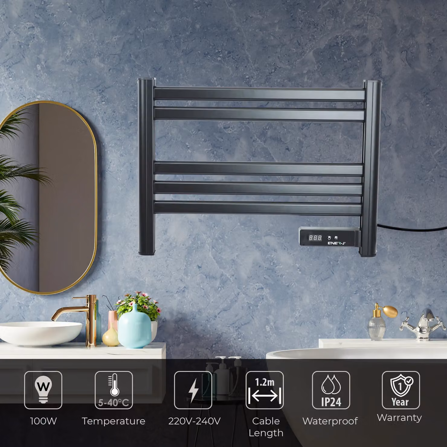 ENER-J Black Infrared Ladder Towel Rail Heater IP24 550W, Jet Black – 5
