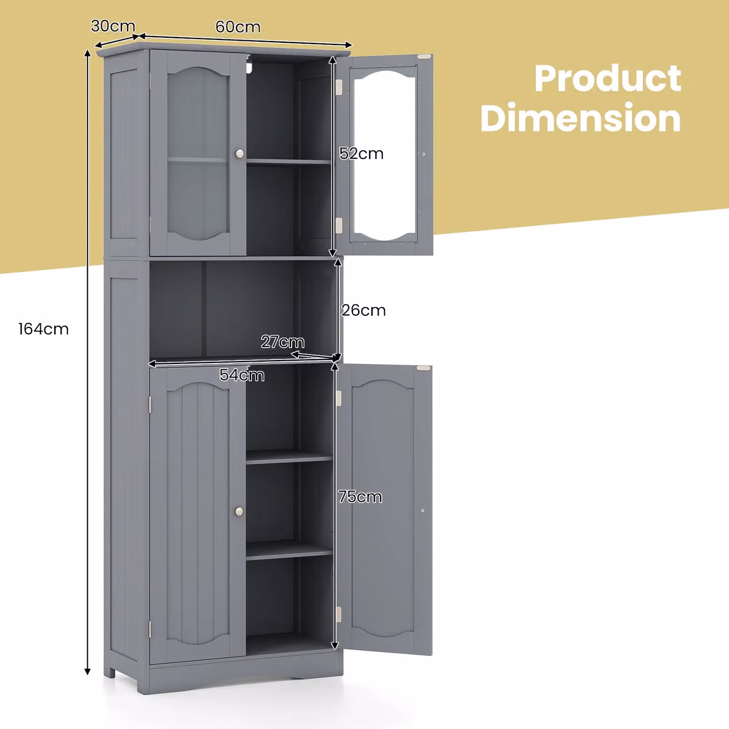 Gymax Tall Grey Bathroom and Kitchen Storage Cabinet with Matt Finish and Tempered Glass Doors – 2