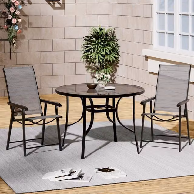 Livingandhome Modern Round Glass Table and 2 Folding Chairs Outdoor Dining Set in Black