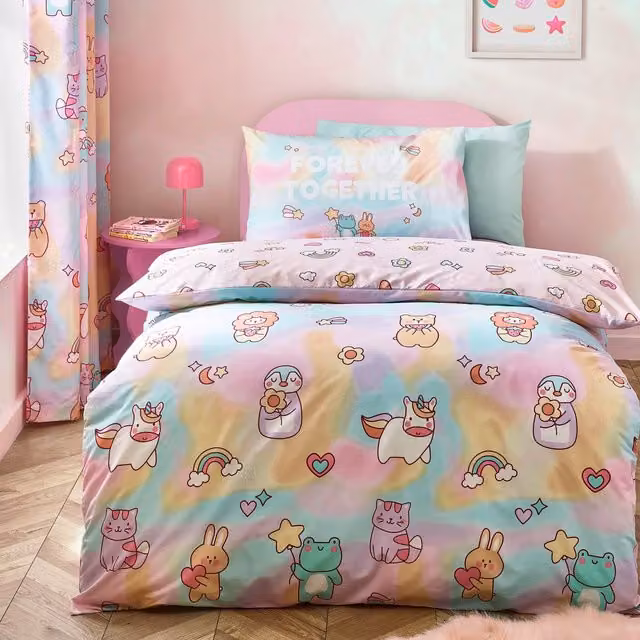 Catherine Lansfield Forever Together Reversible Duvet Cover Bedding Set, Pink and Multicolour Animal Graphic Design