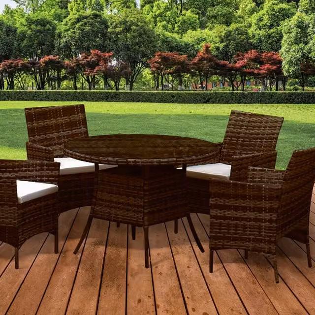 Comfy Living 5-Piece Brown Polyrattan Garden Dining Set with Round Glass Table and Removable Weather-Resistant Cushions