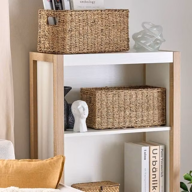 Wyld and Coco Set of 2 Natural Seagrass Rectangular Baskets with Handles in Beige and Sand, W/D/H: 38.5 x 19.5 x 18.0 cm