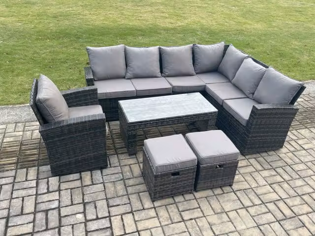 Fimous 9 Seat Rattan Garden Furniture Set with Corner Sofa, Table, Armchair and 2 Footstools in Dark Grey