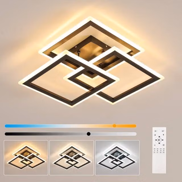 COMELY Modern Square Dimmable LED Ceiling Light, 40W Black Metal Design with Remote Control and Timer – 1