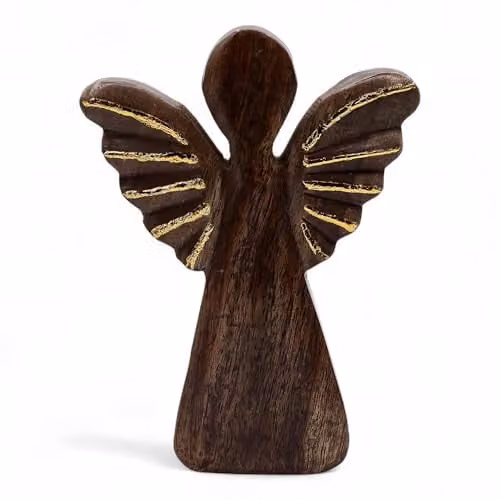 Serenityy Hand-Carved Mango Wood Angel Ornament in Brown and Gold, H 19 cm x W 2 cm x D 1 cm