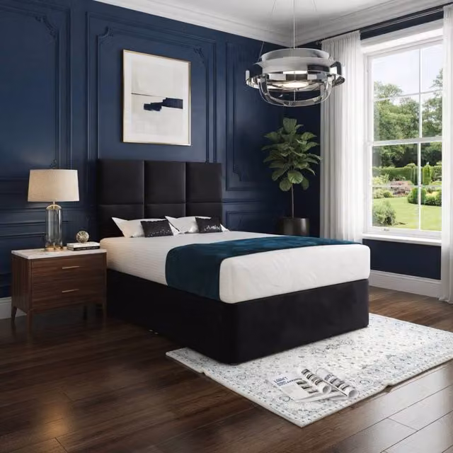 KDMD Isham Black Velvet Upholstered Designer Bed Frame with Floorstanding Headboard and Drawers, W/D/H: 140 x 200 cm – 1