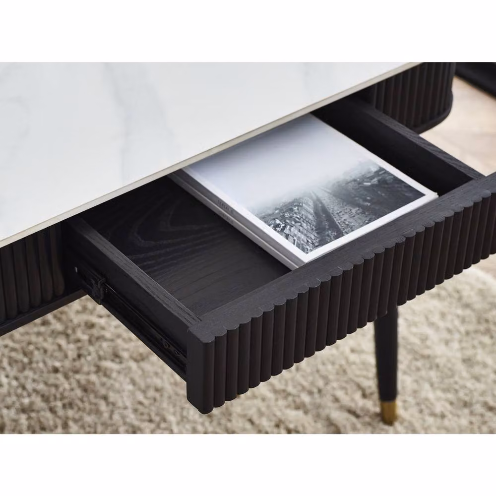 Cheshire Fluted Stone Top Coffee Table with 2 Drawers in White Marble and Black – 6