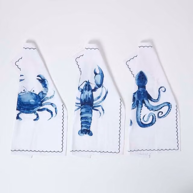 Homescapes Blue Maritime Graphic Cotton Tea Towels, Set of 3