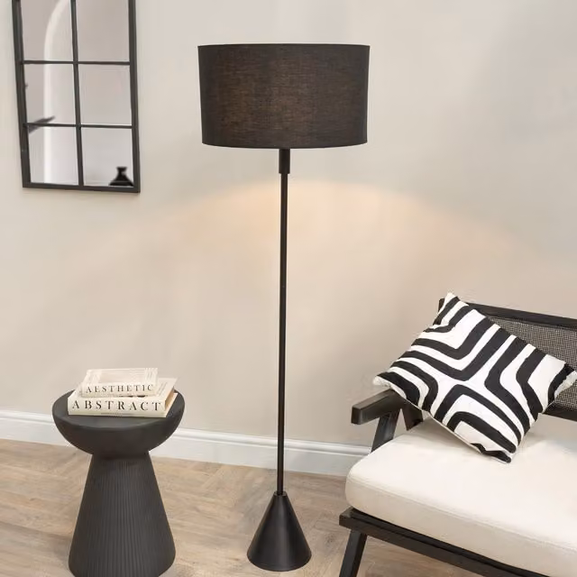 ValueLights Mitch Triangle Floor Lamp with Fabric Drum Shade and LED Bulb, Black