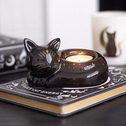 Something Different Wholesale Halloween Cat Shaped Tealight Holder in Black and Gold – 2