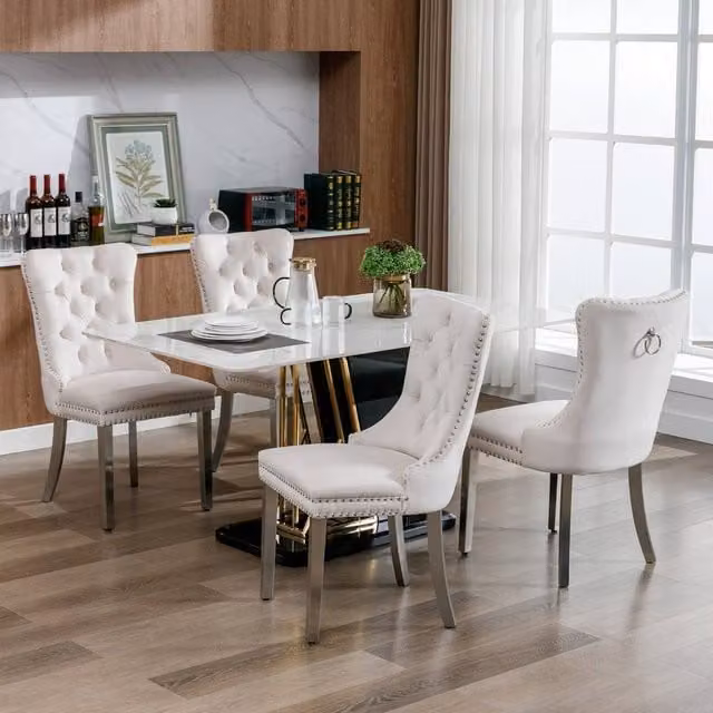 Modern Home Touch Winchester Set of 4 Beige Velvet Upholstered Dining Chairs with Silver Chrome Legs – 1