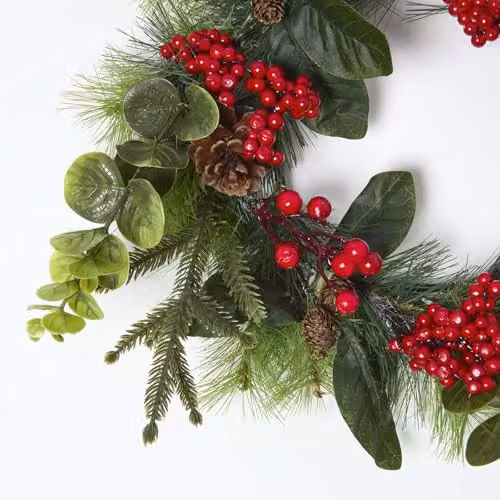 Homescapes Artificial Winter Woodland and Eucalyptus Christmas Wreath in Green, Red and Brown, Diameter: 40 cm – 2