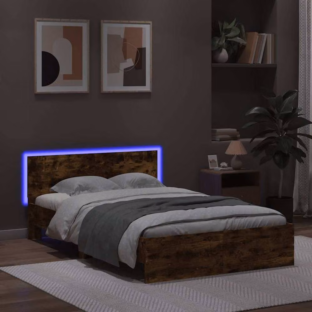 Berkfield Home Small Double Bed Frame with Headboard, LED Under-Bed Lighting and USB Charging Port in Smoked Oak Brown, W/D/H: 120 x 200 cm – 3