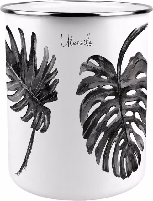 Purely Home Painted Leaves Metal Utensil Holder in Black and White, W: 18 cm, D: 16.5 cm, H: 16.5 cm – 2