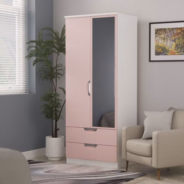 2 U Holborn Ready Assembled 2 Door 2 Drawer Mirrored Wardrobe in Dusty Pink