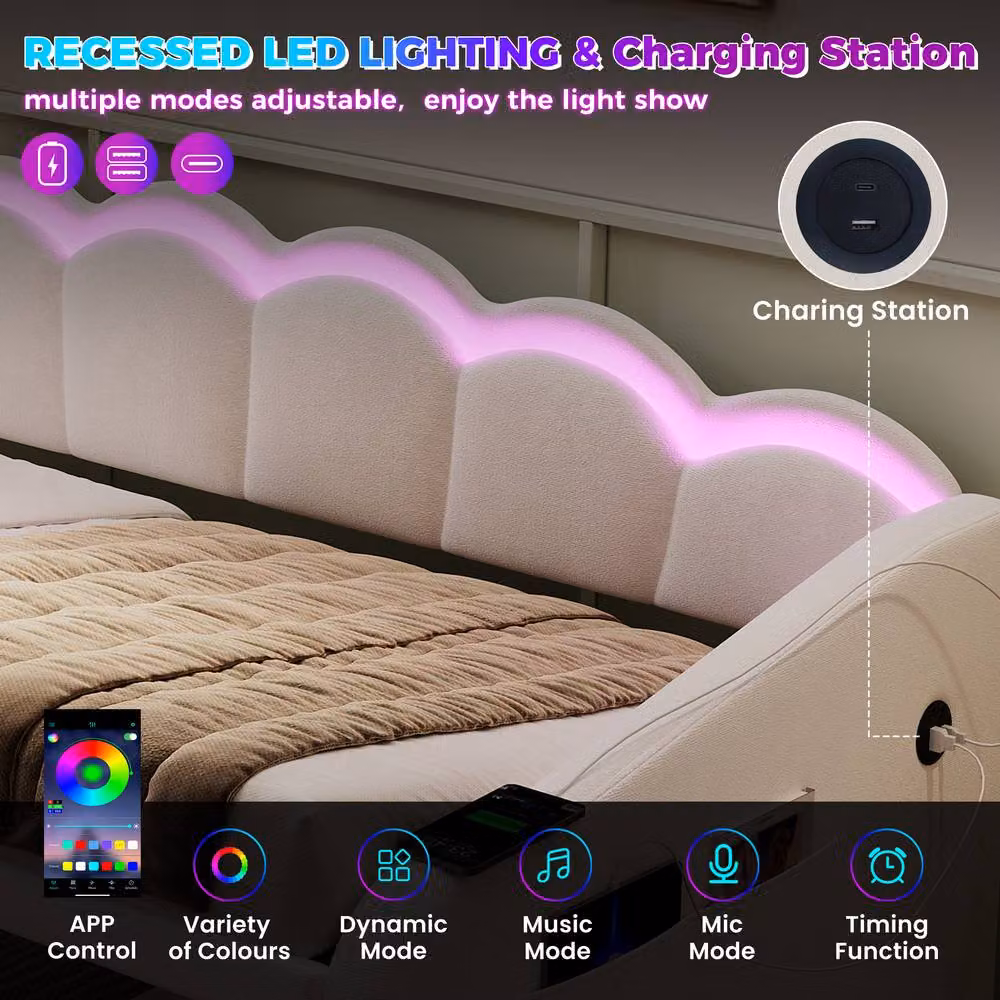 ModernLuxe Beige Velvet Upholstered Single Daybed with LED Ottoman Storage and USB Charging Port, W/D/H: 90 x 190 cm – 4