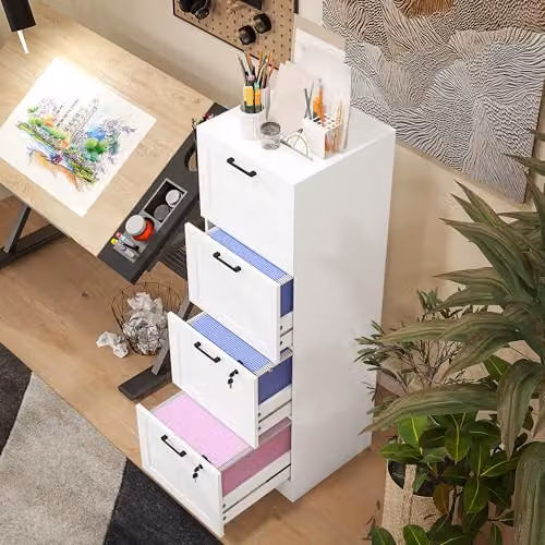HOMCOM 4 Drawer White File Cabinet with Lock for A4 and Letter Size Folders, H: 76 x W: 40 x D: 40 cm – 3
