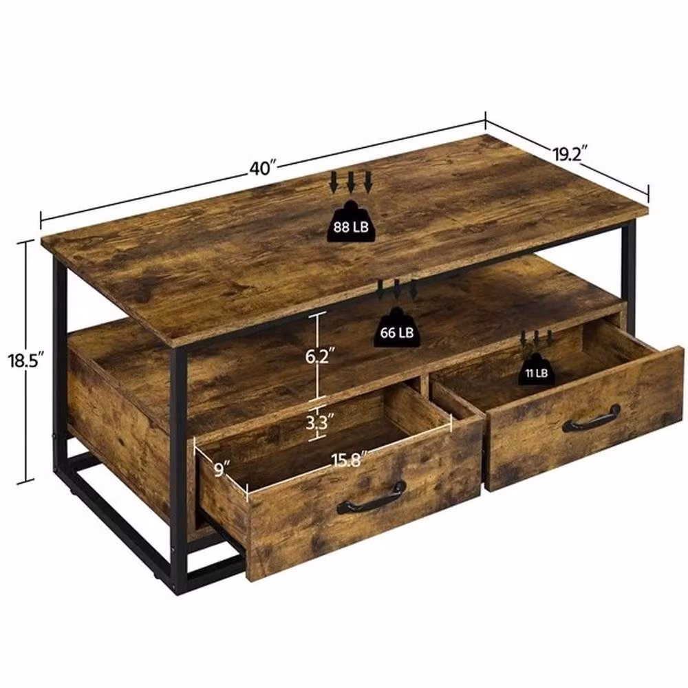 Kelvenix Mid-Century Rectangular Coffee Table with Storage Drawers in Brown Wood – 2