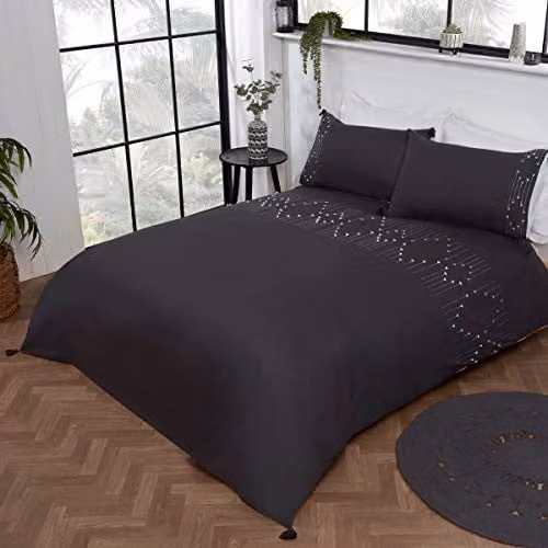 Sleepdown Luxury Boho Embroidered Tassel Duvet Cover and Pillowcase Set in Anthracite Grey, W/D/H: 220 x 230 x 220 cm