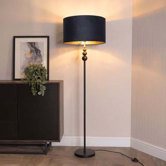ValueLights Marissa Stacked Floor Lamp with Velvet Metallic Shade and Bulb in Black
