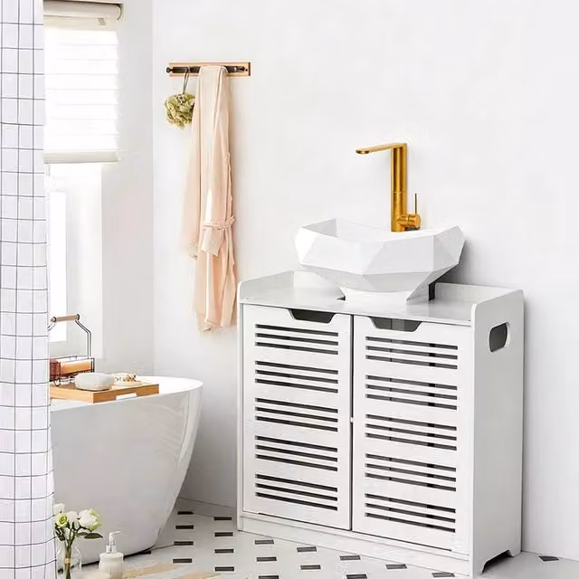 EONLION White Double Door Under Sink Bathroom Storage Cupboard with Internal Shelves