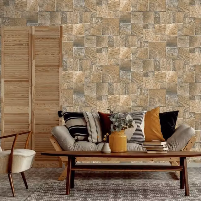 Rasch Geometric Abstract Wooden Block Tiles Glitter Vinyl Wallpaper in Brown