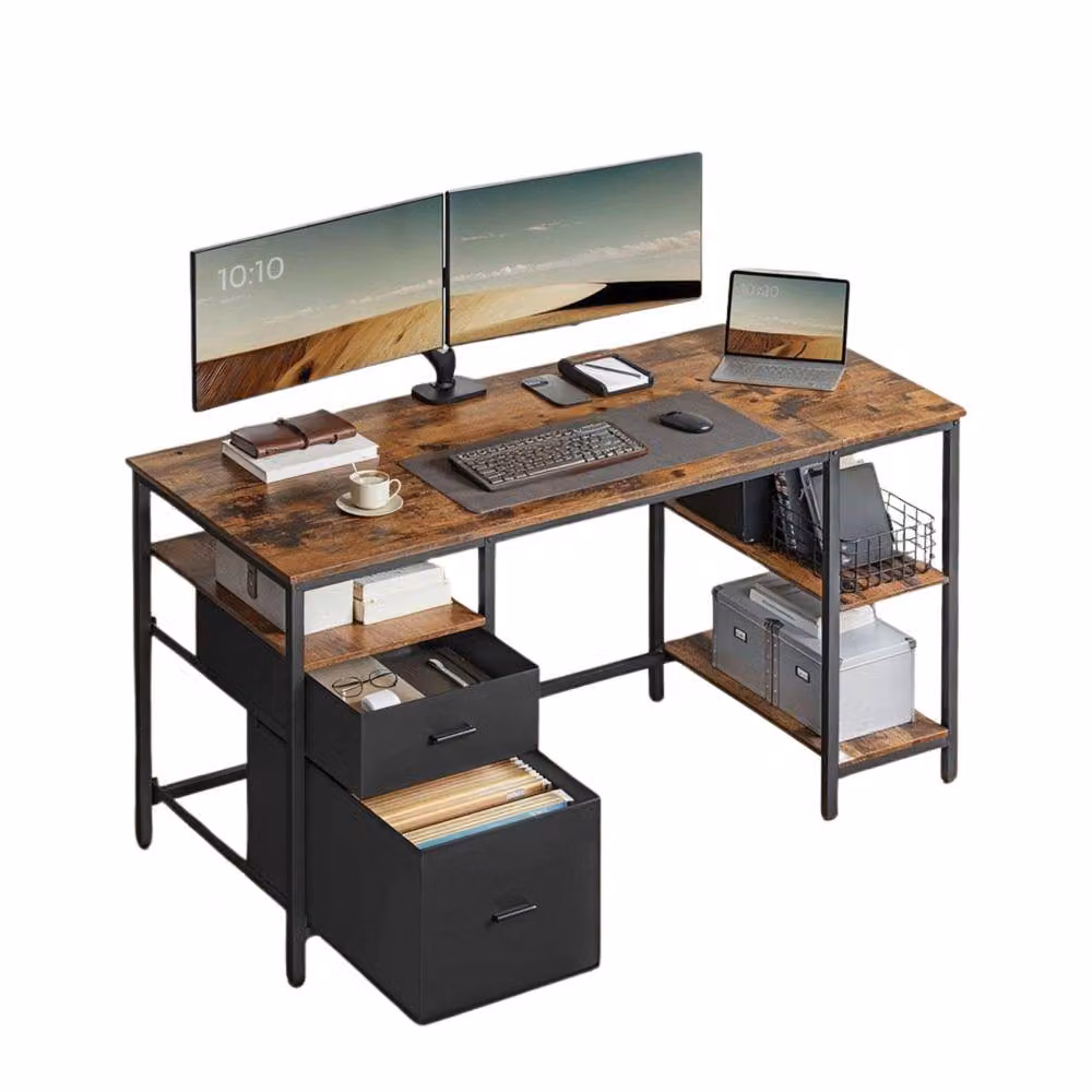 Pirlo Plush Industrial Computer Desk with Storage Shelves and Drawer, Oak Brown, W: 140 cm – 3