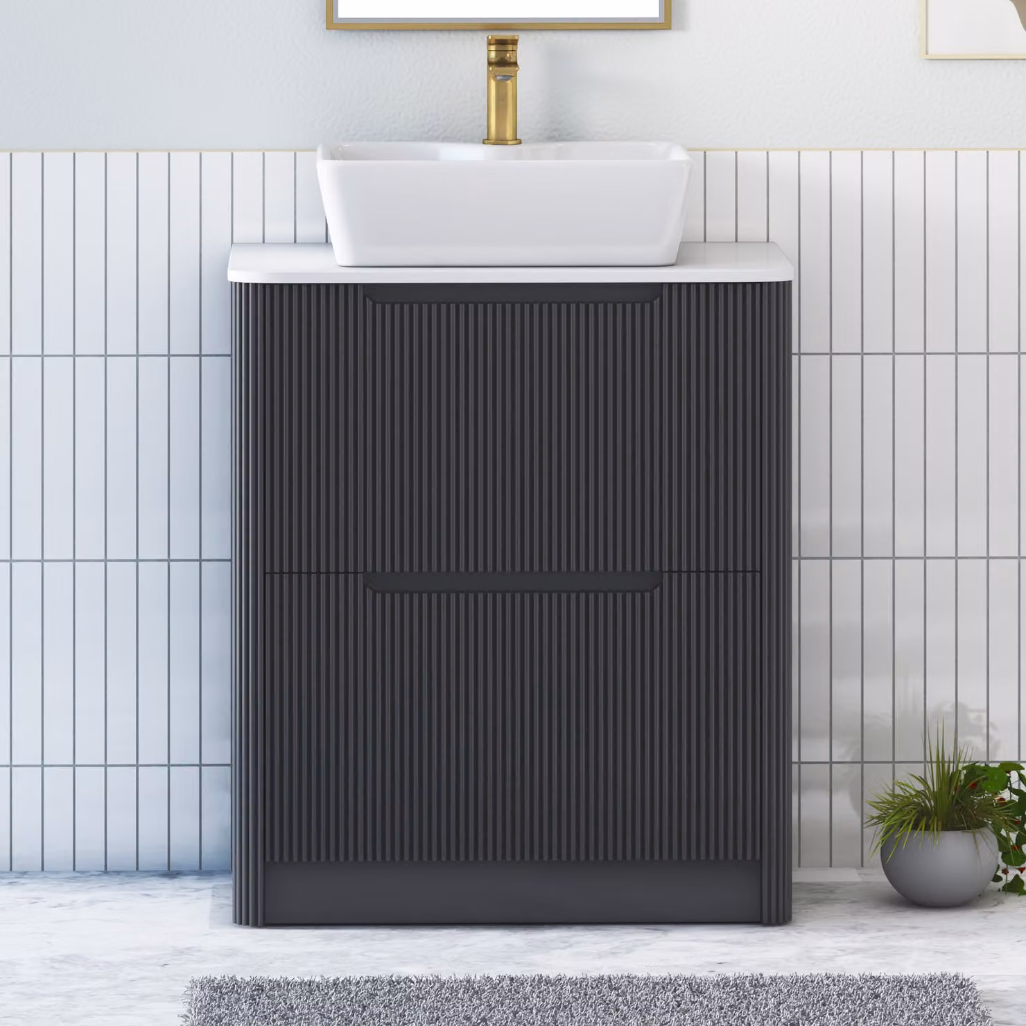Royal Bathrooms Avenza 800mm Matt Obsidian Black Floor Standing 2 Drawer Vanity Unit with Plain White Worktop and Cube Basin