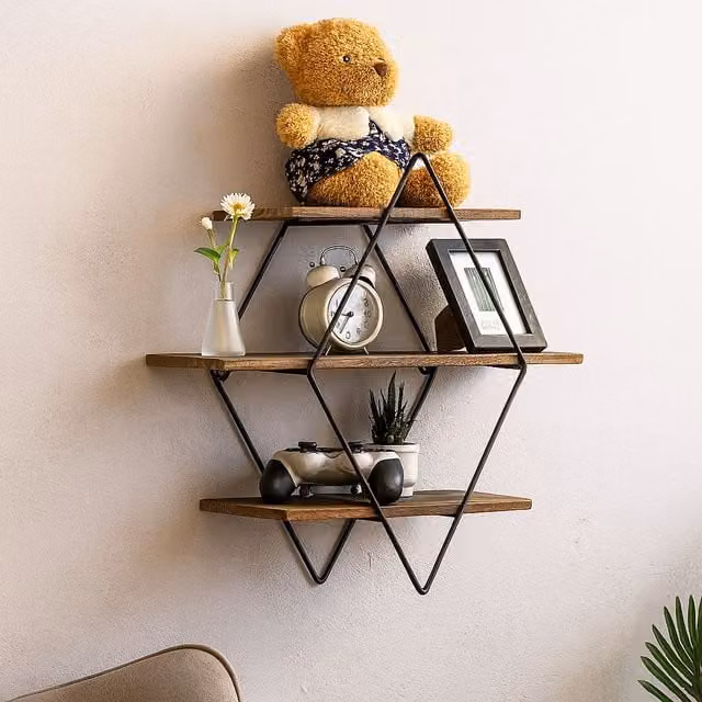 Rafaelo Mobilia Industrial 3 Tier Brown Wooden Diamond Shape Floating Wall Shelf – 1