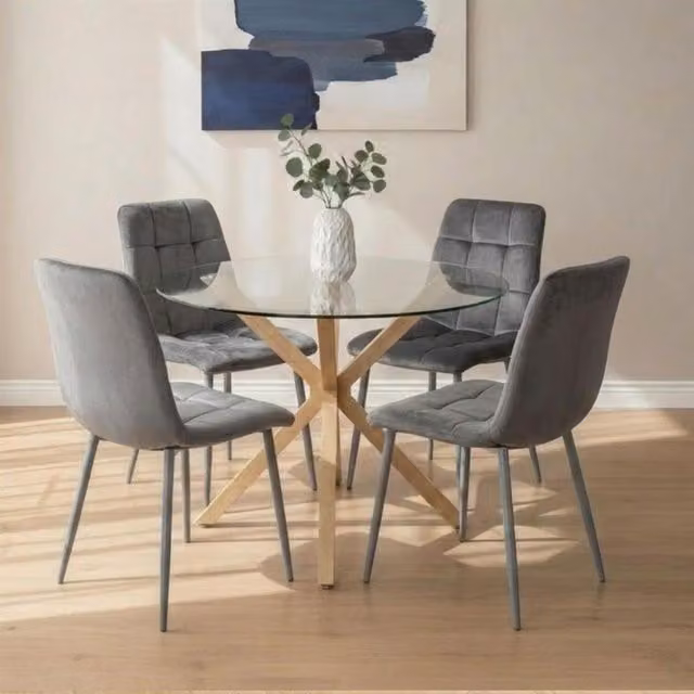 Kosy Koala Round Glass Dining Table Set with 4 Grey Velvet Chairs – 3