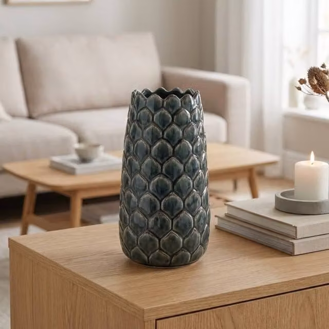 Garden Greatness Maison Glazed Artichoke Ceramic Vase in Green, Blue and Multicolour, H 21.5 cm x W 11.8 cm x D 11.8 cm