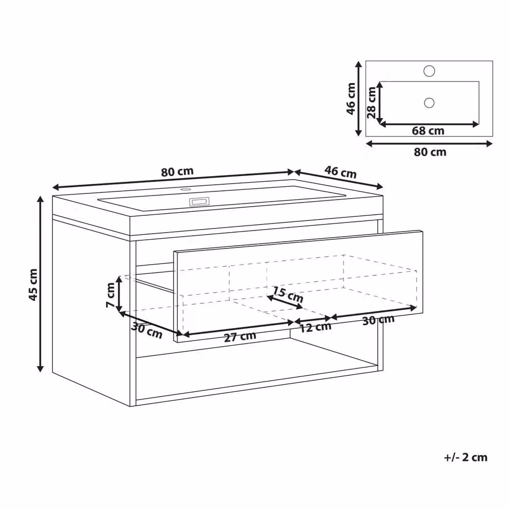 Wyld and Coco Wall-Mounted Vanity Unit with Integrated Basin, Light Brown Wood, Width: 80 cm – 3