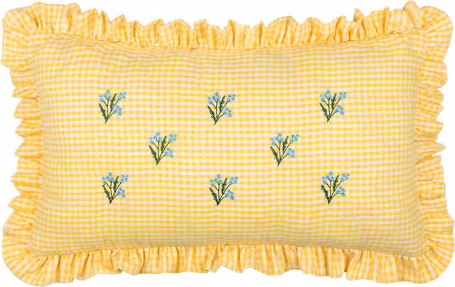 Les Petite Fleurs Yellow Cotton Gingham Ruffle Rectangular Cushion
