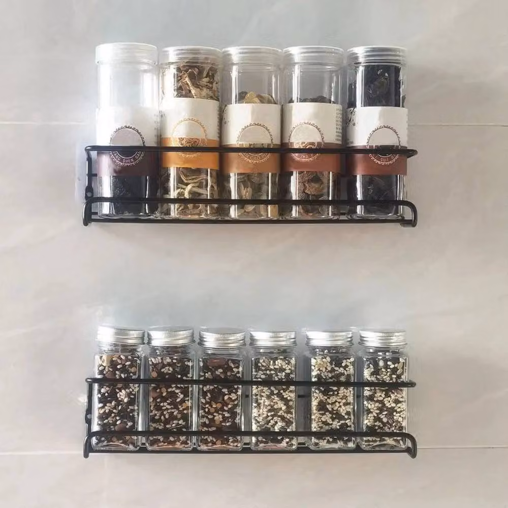 KORVIXA 2-Piece Black Metal Wall-Mounted Spice and Herb Jar Rack Shelf Holder – 4