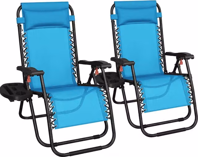 Yaheetech Set of 2 Foldable Zero Gravity Lounging Chairs in Blue with Adjustable Headrest, Side Tray and Cup Holders