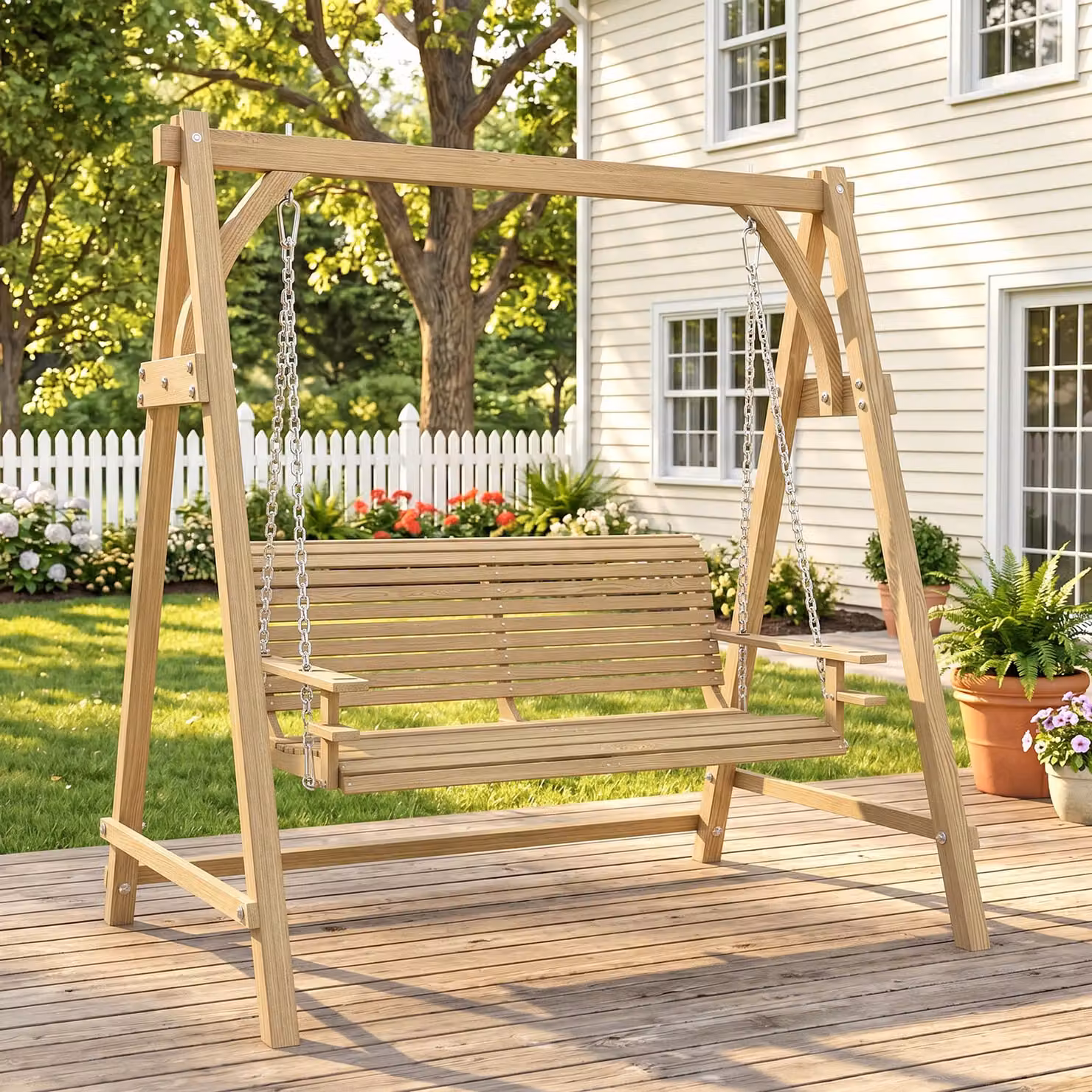 Outsunny 2-Seater Larch Wood Garden Swing Chair Bench in Natural Brown – 2