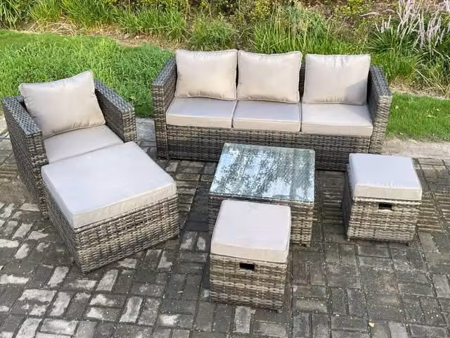 Fimous 6 Piece Outdoor Lounge Sofa Set in Dark Grey with Coffee Table and 3 Footstools