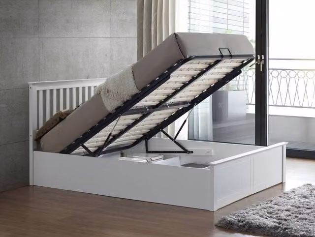 Bedmaster Malmo Wooden Ottoman Bed and Memory Maestro Memory Foam Mattress in White and Grey, Size: Double (150 x 200 cm)