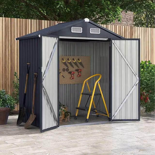 COSTWAY Metal Garden Storage Shed Tool House with Double Doors and Side Vent in Grey