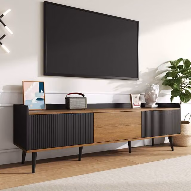 Merax Mid-Century TV Cabinet with Fluted Contrast Doors in Black, W/D/H: 160 x 39 x 49.5 cm – 1