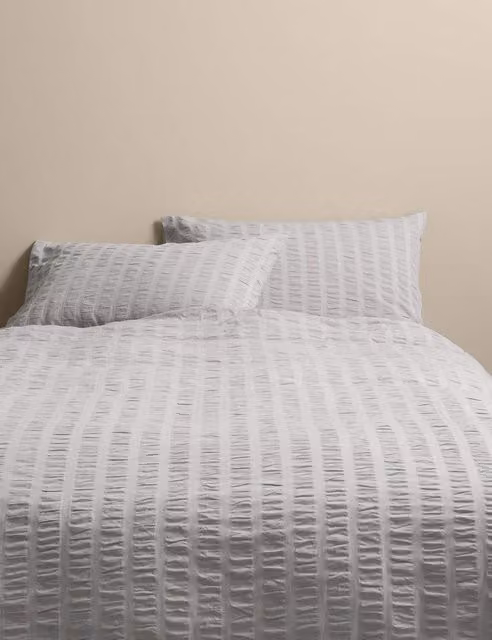 M&S Grey Striped Seersucker Pure Cotton Bedding Set with Pillowcase, W: 90 cm, L: 190 cm
