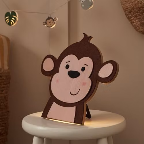 Lights4fun Battery Operated Dimmable LED Monkey Wall Light in Brown Wood for Children's Bedrooms and Nurseries with Remote and Timer, 25 cm – 2